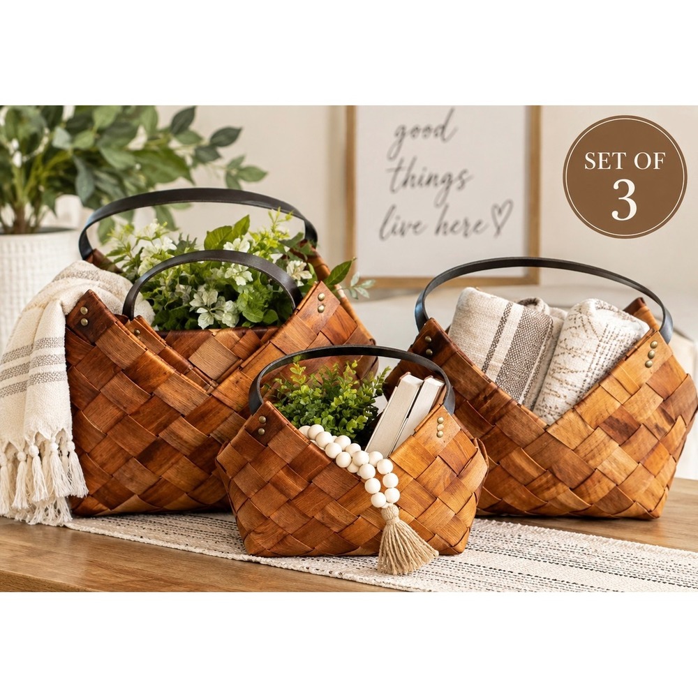 Creative Co-Op Fir Wood Nesting Baskets Set 3 Brown Rustic Farmhouse Woven NWT